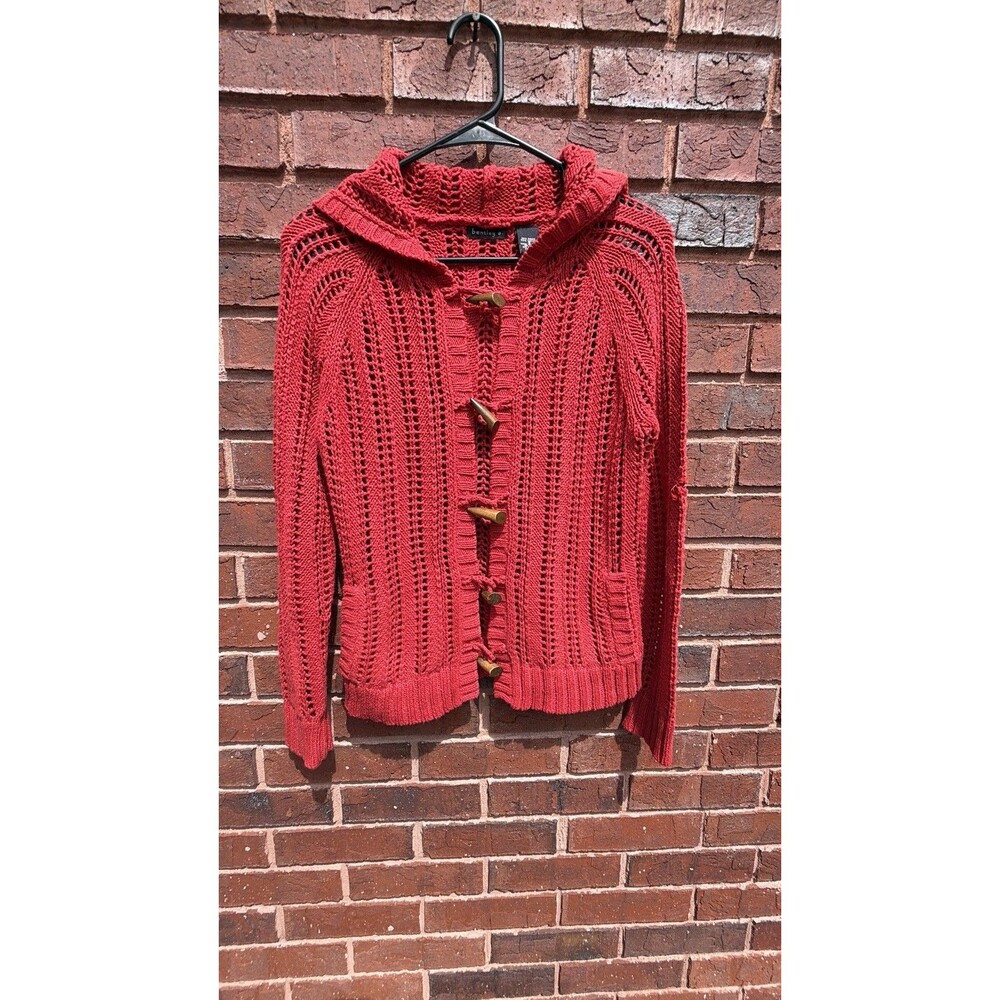Bentley A. Cotton Ramie Red Sweater Hooded Cable Vintage Cardigan Small